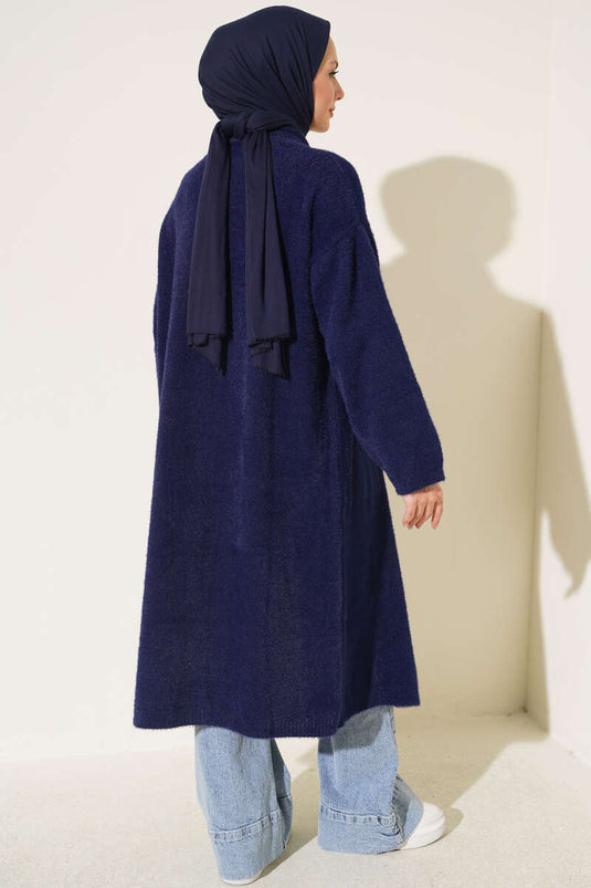 Navy Shawl Collar Pocket Cardigan With Beard Detail