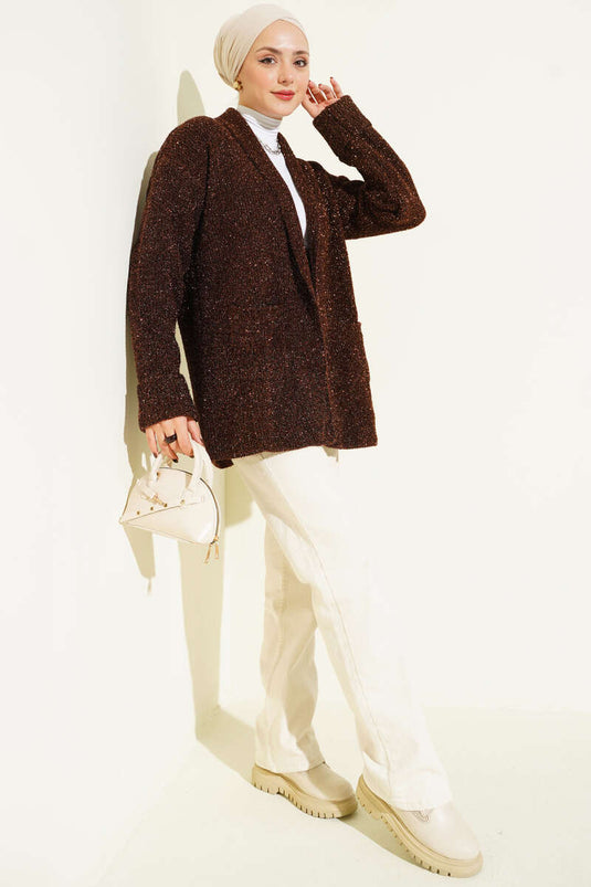 Şal Yaka Cepli Simli Triko Hırka Kahve