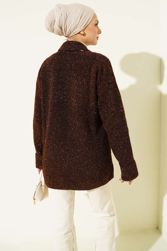 Şal Yaka Cepli Simli Triko Hırka Kahve