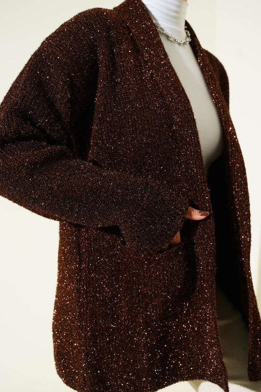 Şal Yaka Cepli Simli Triko Hırka Kahve