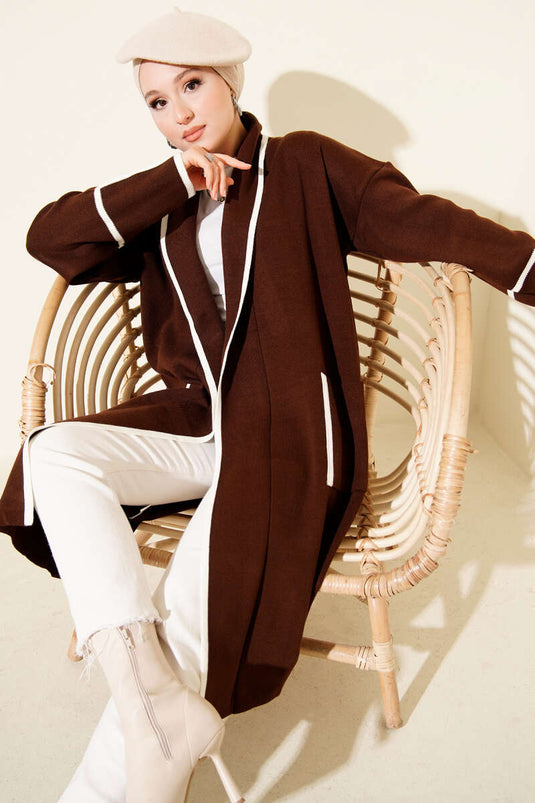 Şal Yaka Cepli Triko Hırka Kahve