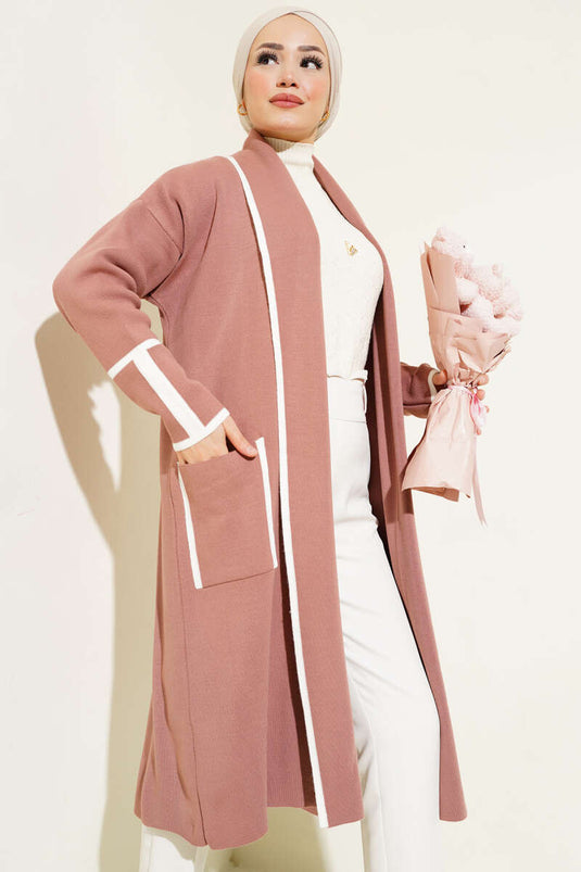 Şal Yaka Cepli Triko Hırka Pudra