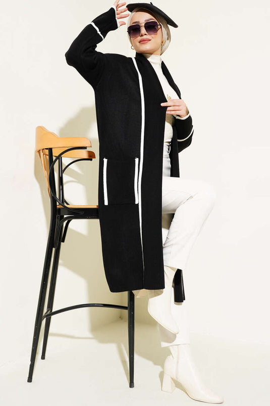 Şal Yaka Cepli Triko Hırka Siyah