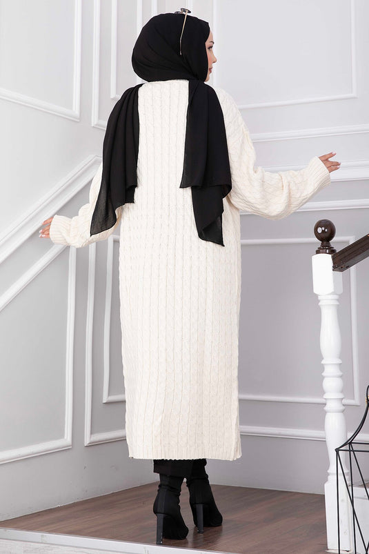 Cardigan Lungo In Maglia Con Collo A Scialle E Tasche Beige