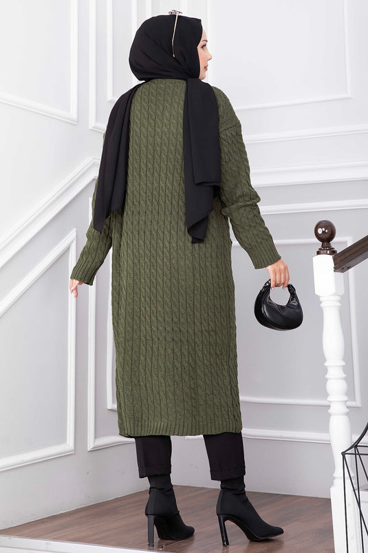 Gilet Long En Maille À Col Châle Et Capuche En Kaki
