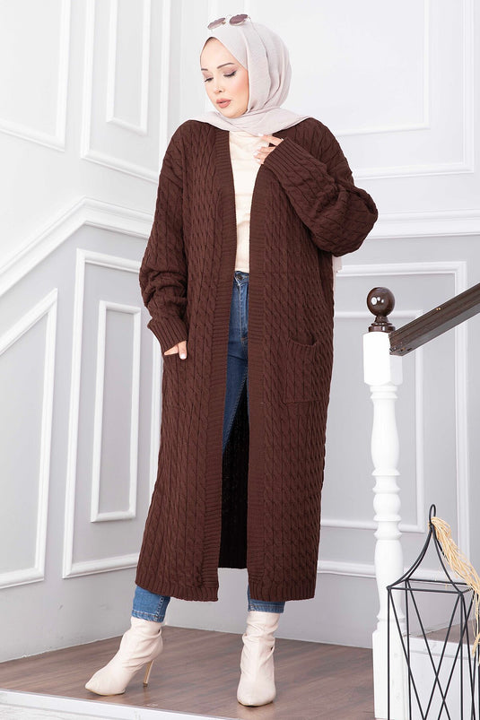 Lange Gebreide Vest Met Shawl Kraag En Zakken In Koffie Kleur