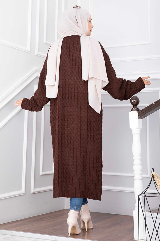 Lange Gebreide Vest Met Shawl Kraag En Zakken In Koffie Kleur