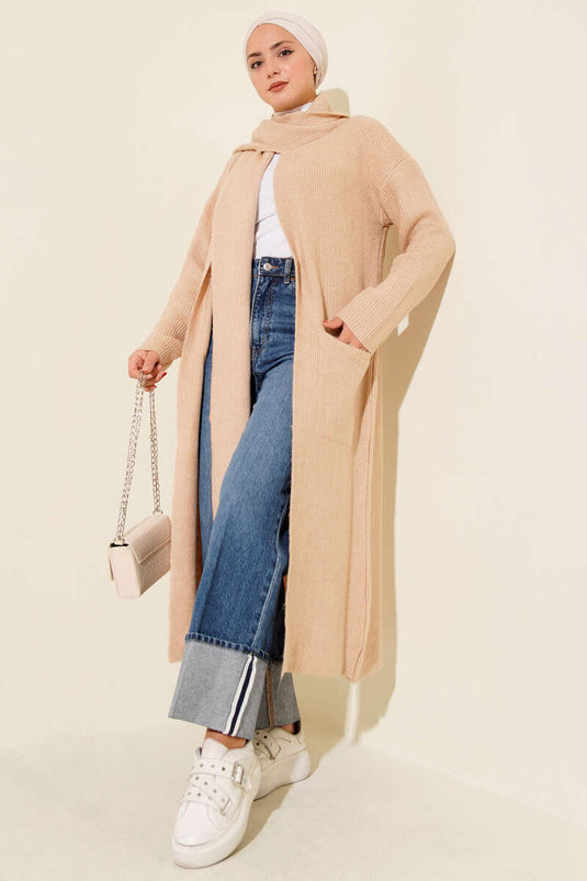 Cardigan lungo in maglia con collo a scialle e tasca Latte