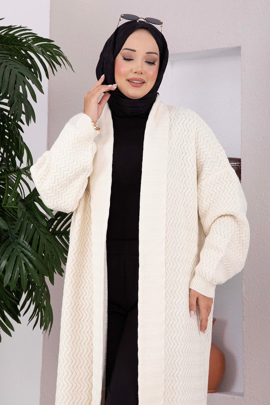 Beige Langes Strickjacke Mit Schalkragen Und Muster