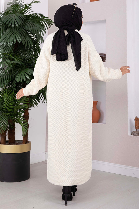 Beige Langes Strickjacke Mit Schalkragen Und Muster