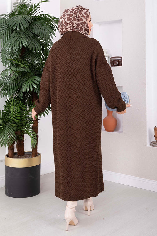Lange Gemusterte Strickjacke Mit Schal-Kragen In Kaffee