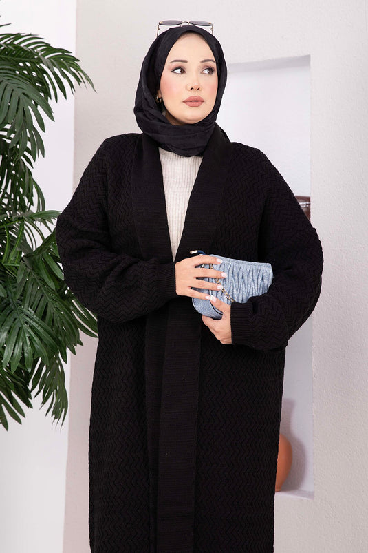 كارديغان طويل من الصوف بنمط وياقة شال أسود