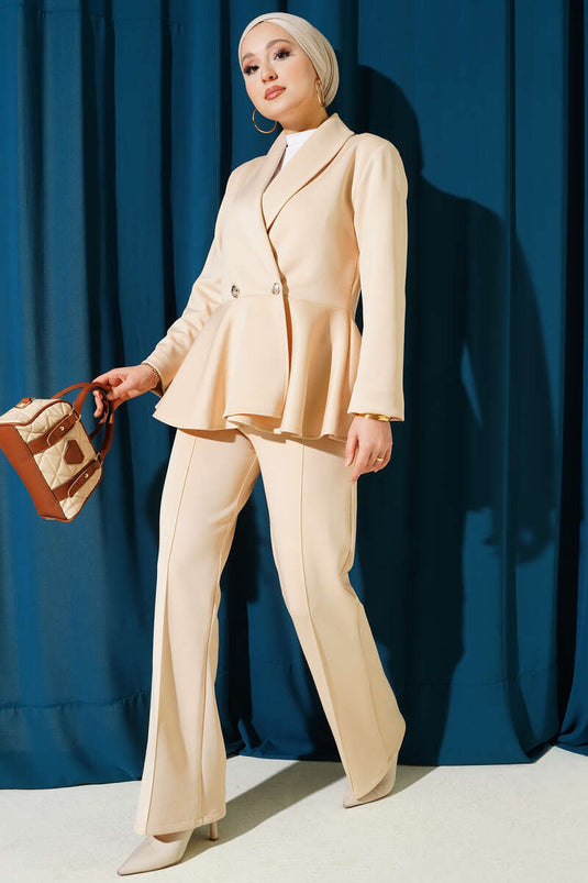 Zweiteiliger Scuba-Anzug mit Schalkragen und Knöpfen, Beige