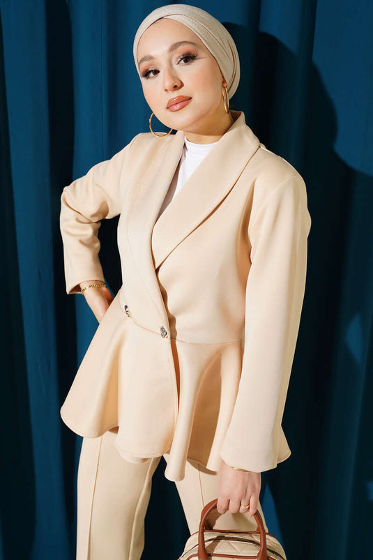 Zweiteiliger Scuba-Anzug mit Schalkragen und Knöpfen, Beige