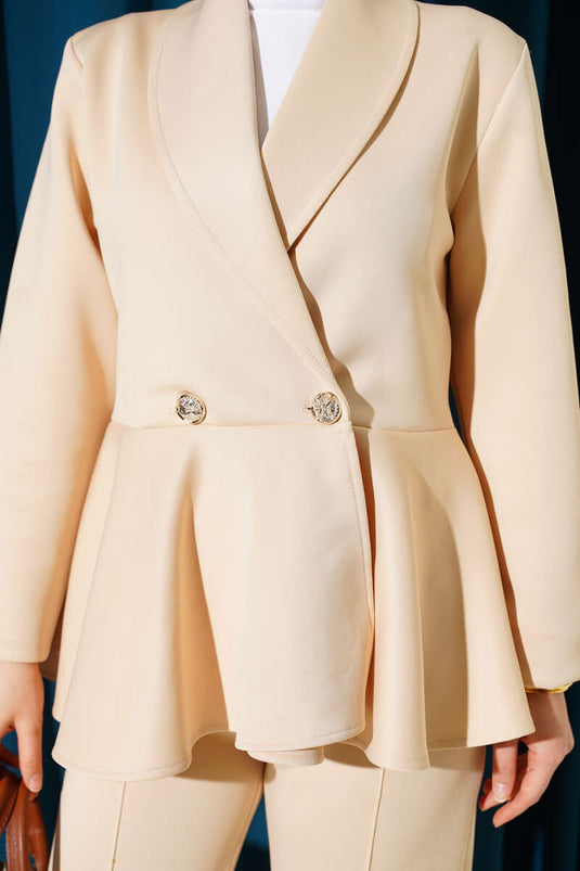 Zweiteiliger Scuba-Anzug mit Schalkragen und Knöpfen, Beige