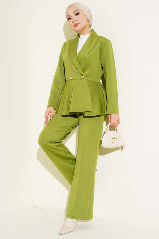 Scuba Double Set with Shawl Collar and Buttons in Pistachio Green