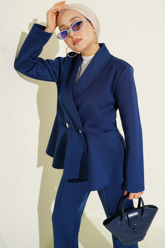 Şal Yaka Düğmeli Scuba İkili Takım Lacivert