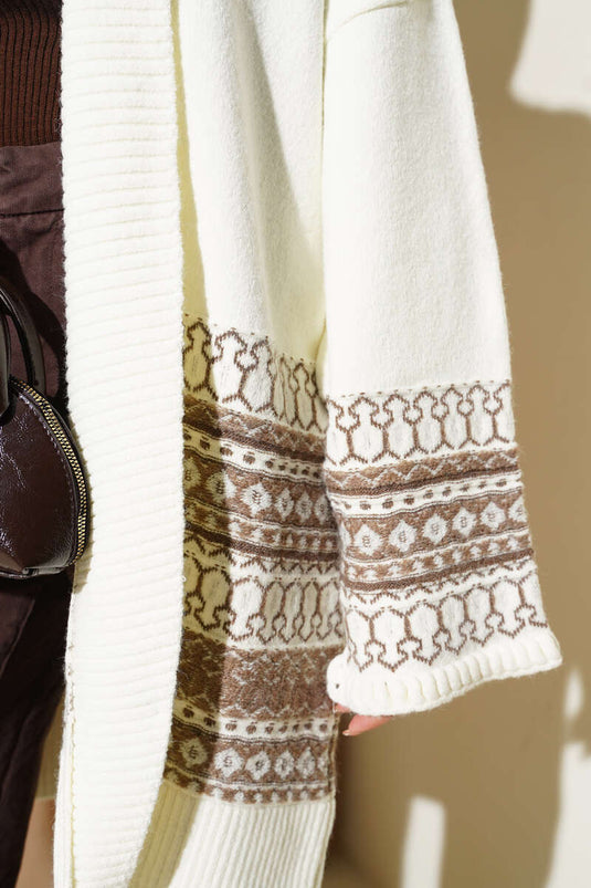 Shawl Collar Ethnic Pattern Knitwear Cardigan Ecru