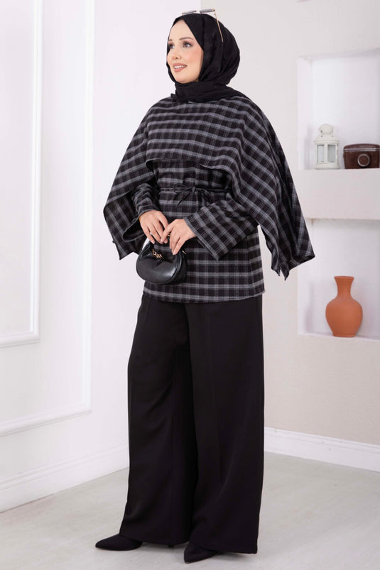 Black Checkered Tunic With Shawl Collar And Belt