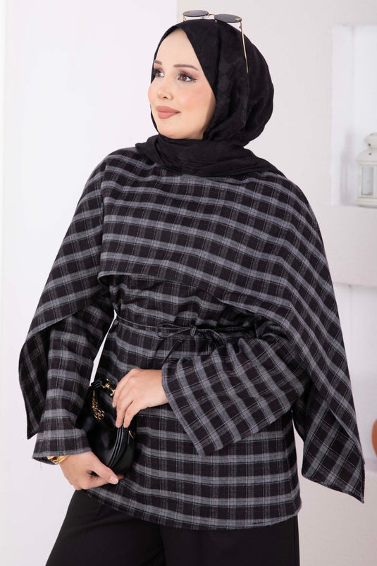 Black Checkered Tunic With Shawl Collar And Belt