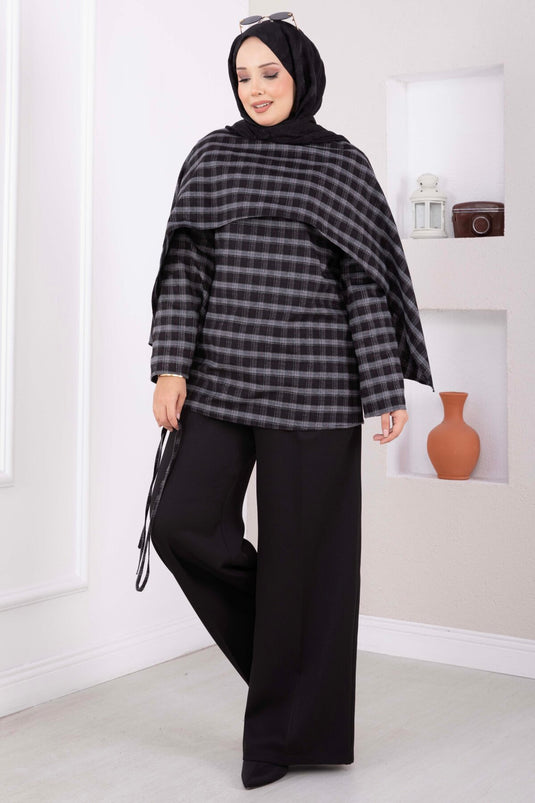 Black Checkered Tunic With Shawl Collar And Belt