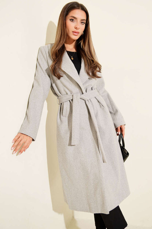 Şal Yaka Kuşaklı Kaşe Kaban Gri