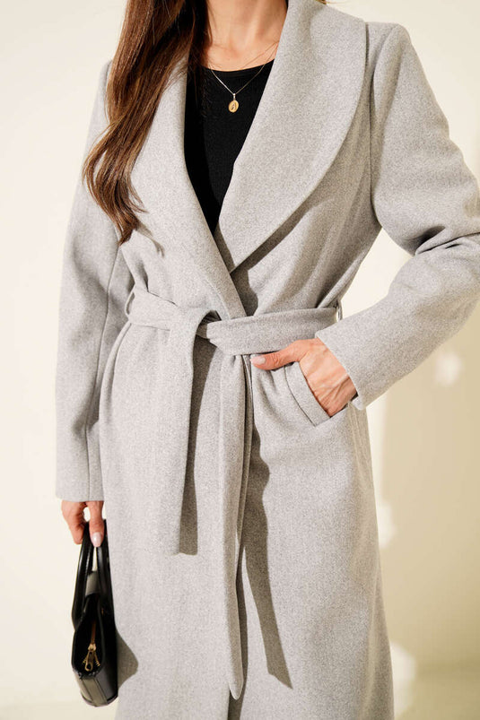 Şal Yaka Kuşaklı Kaşe Kaban Gri