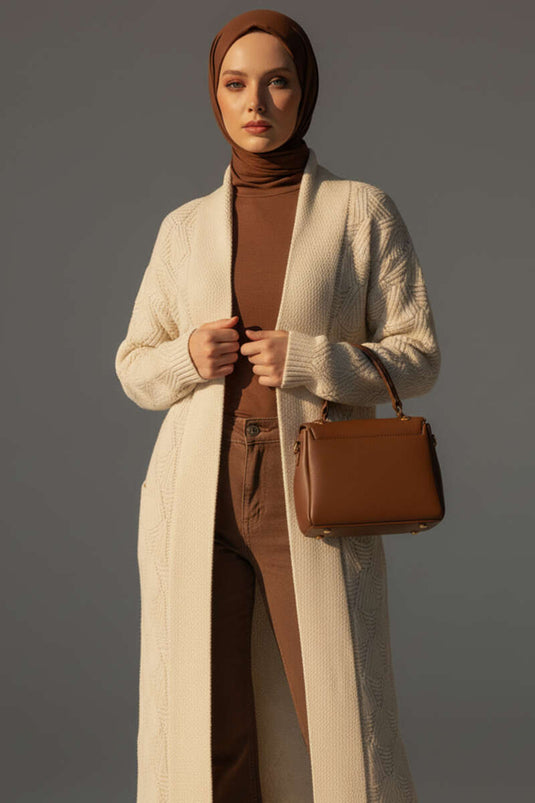 Şal Yaka Örgü Desenli Uzun Triko Hırka Bej