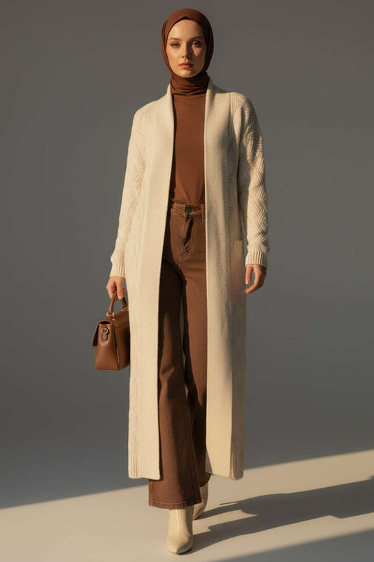 Şal Yaka Örgü Desenli Uzun Triko Hırka Bej