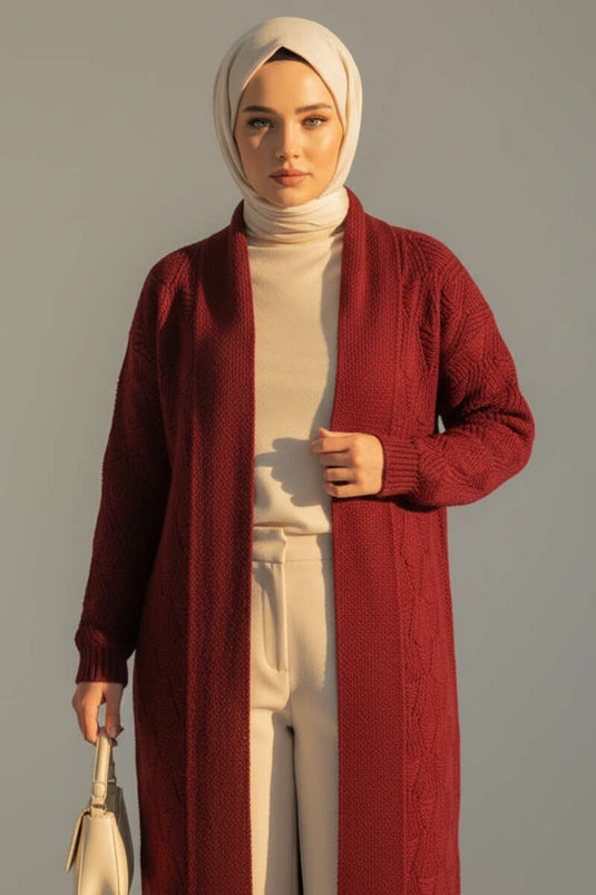 Long Knitted Cardigan with Shawl Collar and Knitted Pattern, Burgundy