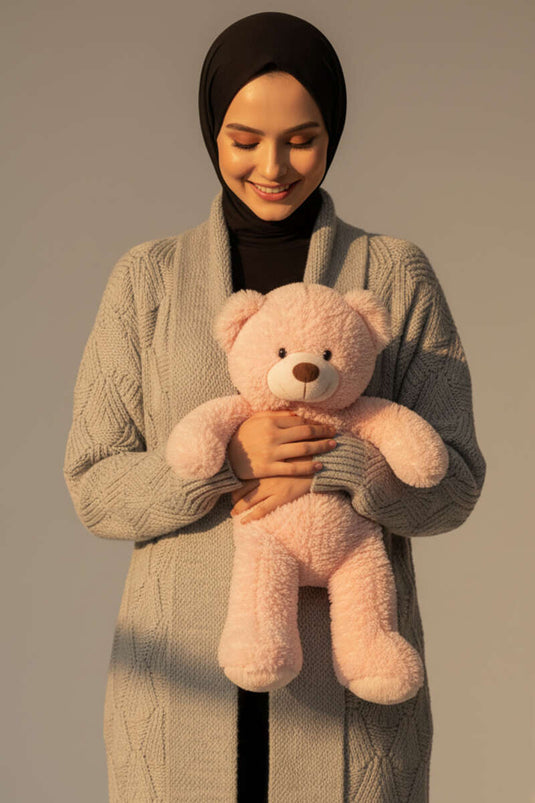 Cardigan long en maille à col châle et motifs gris