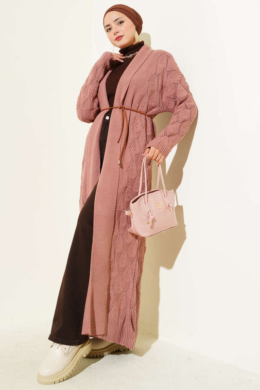 Gilet long tricoté à col châle, rose