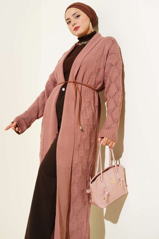 Şal Yaka Örgü Desenli Uzun Triko Hırka Gül Kurusu