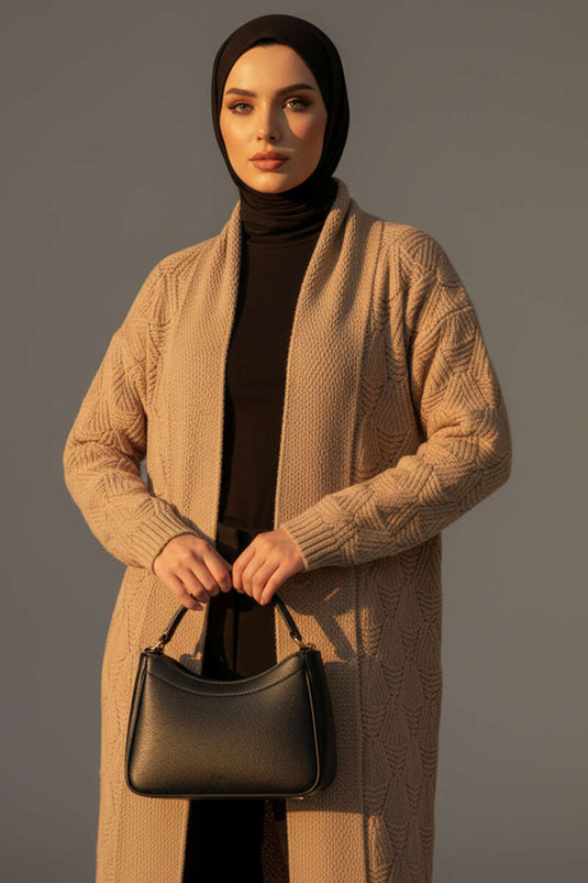 Cardigan long en maille à motifs et col châle Latte