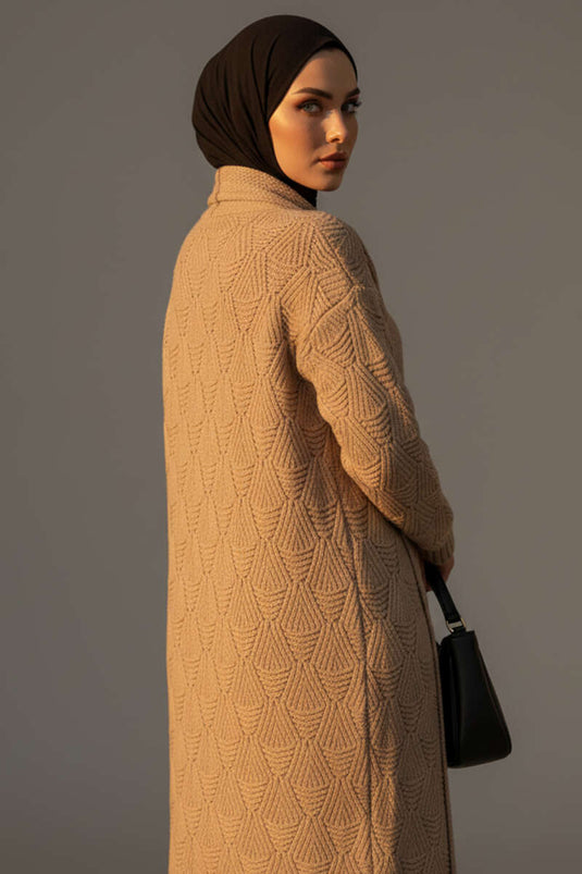 Cardigan long en maille à motifs et col châle Latte