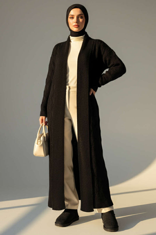 Cardigan long en maille à col châle et motifs noirs