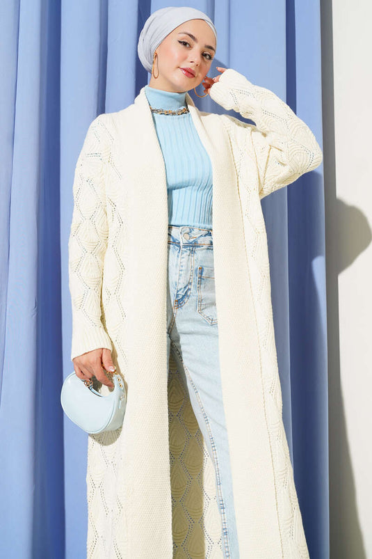 كارديجان طويل بنمط حياكة بياقة شال، لون حجري