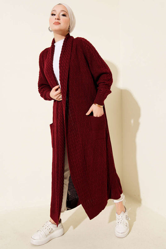 Shawl Collar Knitted Embossed Knitwear Cardigan Burgundy