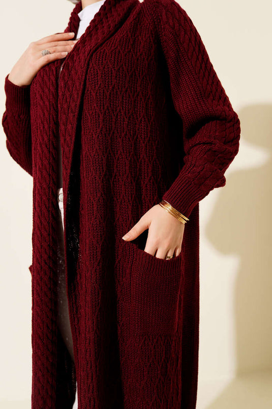 Shawl Collar Knitted Embossed Knitwear Cardigan Burgundy