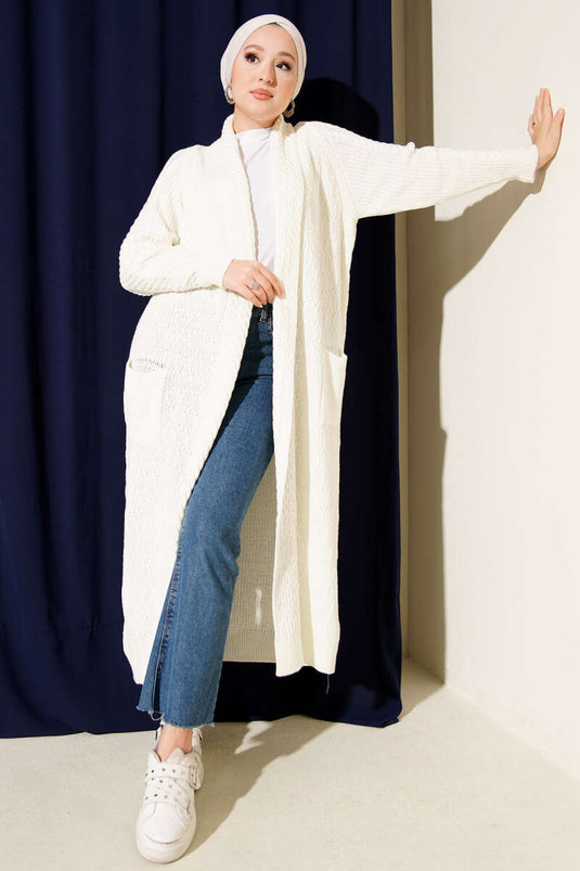 Shawl Collar Knitted Embossed Knitwear Cardigan Ecru