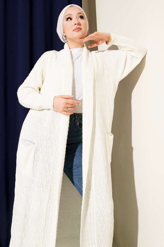 Shawl Collar Knitted Embossed Knitwear Cardigan Ecru