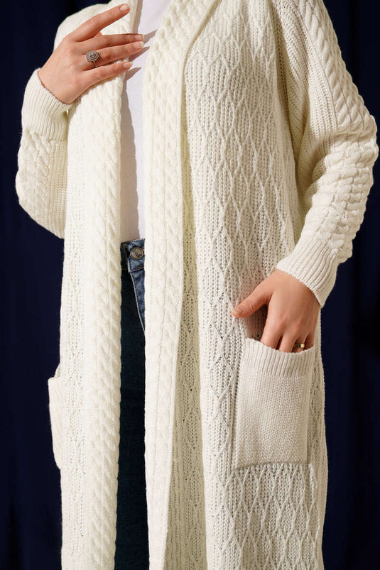 Shawl Collar Knitted Embossed Knitwear Cardigan Ecru