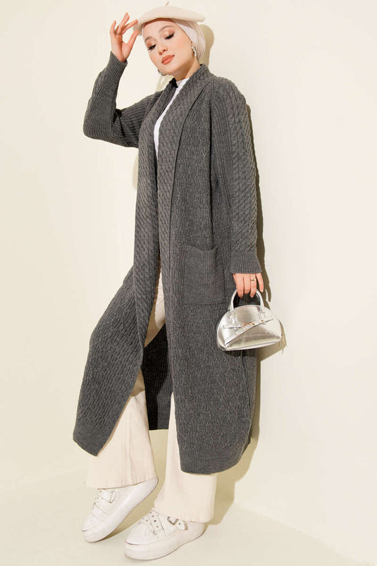 Gilet En Maille À Col Châle Et Broderies, Gris Fumé