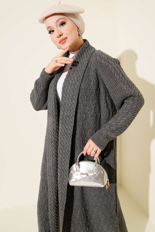 Shawl Collar Knitted Embossed Knitwear Cardigan Smoke