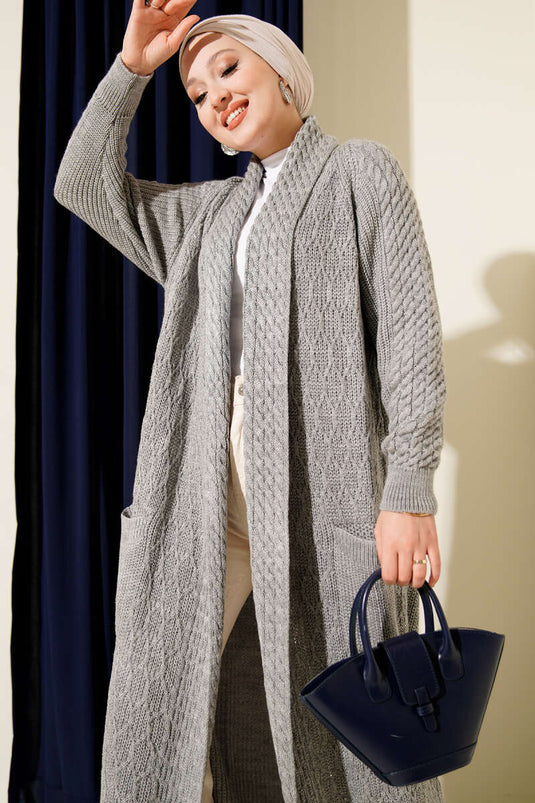 Shawl Collar Knitted Embossed Knitwear Cardigan Gray