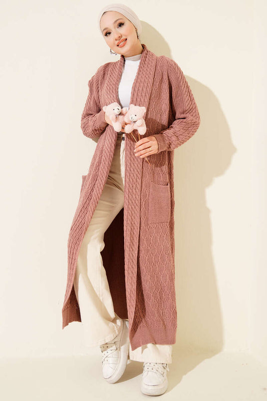Shawl Collar Knitted Embossed Knitwear Cardigan Dusty Rose