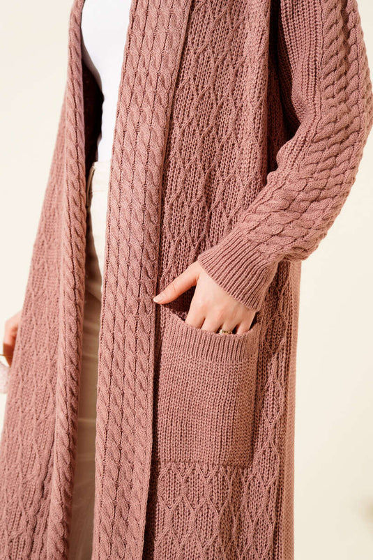 Cardigan in maglia con collo a scialle e lavorazione a maglia goffrata, colore rosa antico