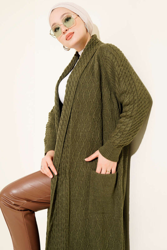 كارديجان محبوك منقوش بياقة شال، لون كاكي