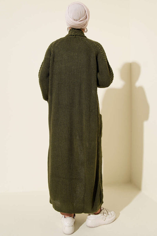 كارديجان محبوك منقوش بياقة شال، لون كاكي