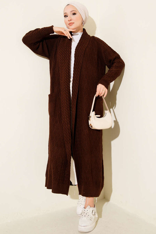 Shawl Collar Knitted Embossed Knitwear Cardigan Brown